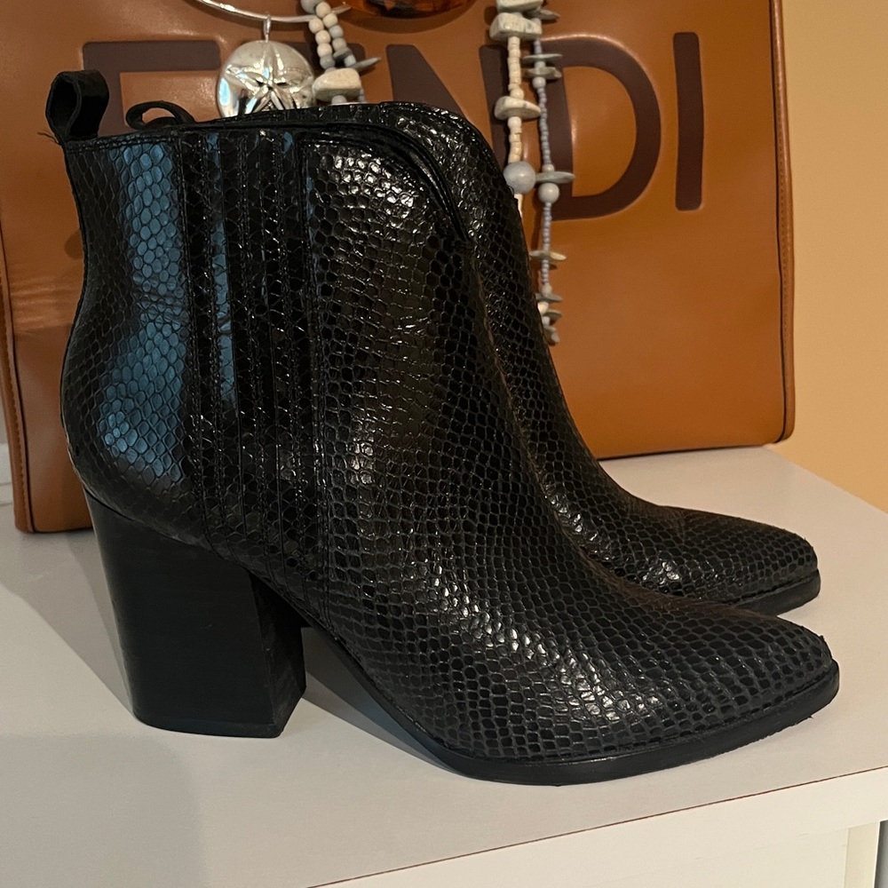 Marc Fisher Black Snakeskin-Embossed Leather Ankle Boots